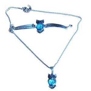 owl bezel type tree silver tone necklace & bracelet
